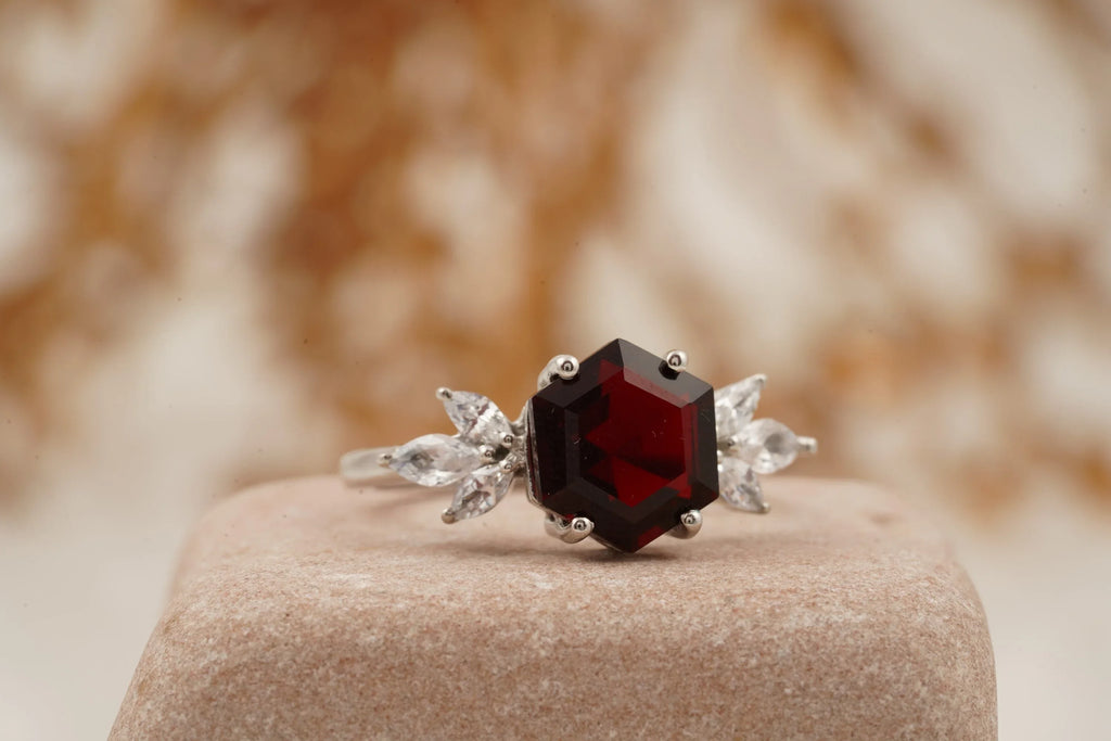 Hexagon Cut Red Garnet Marquise Cut Cluster Engagement Ring - Gigiscc