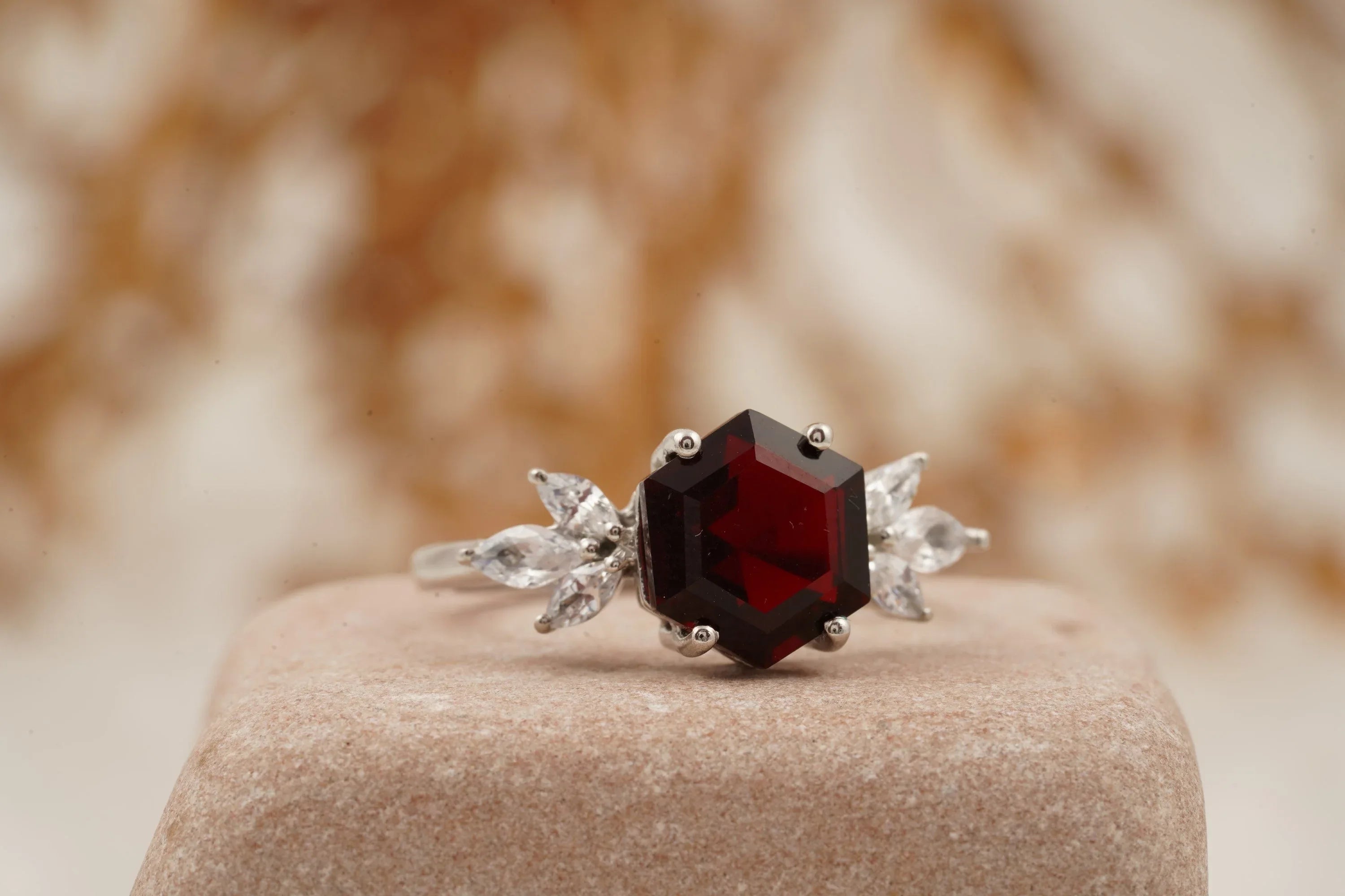 Hexagon Cut Red Garnet Marquise Cut Cluster Engagement Ring - Gigiscc