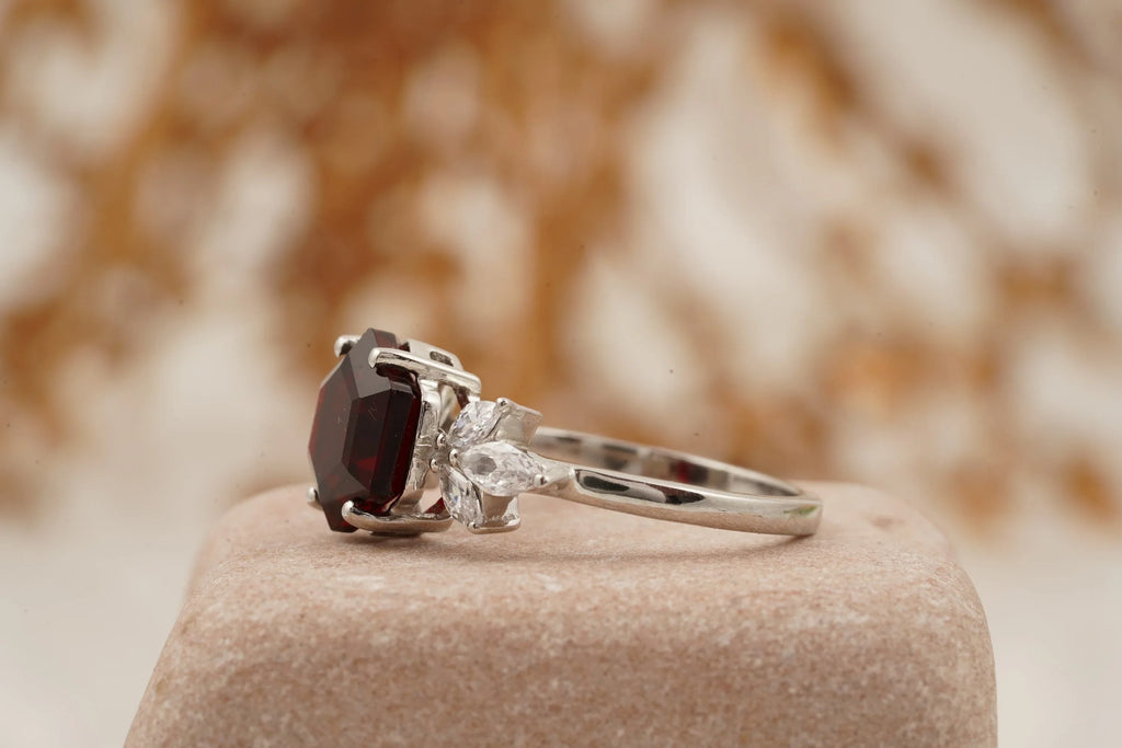Hexagon Cut Red Garnet Marquise Cut Cluster Engagement Ring - Gigiscc