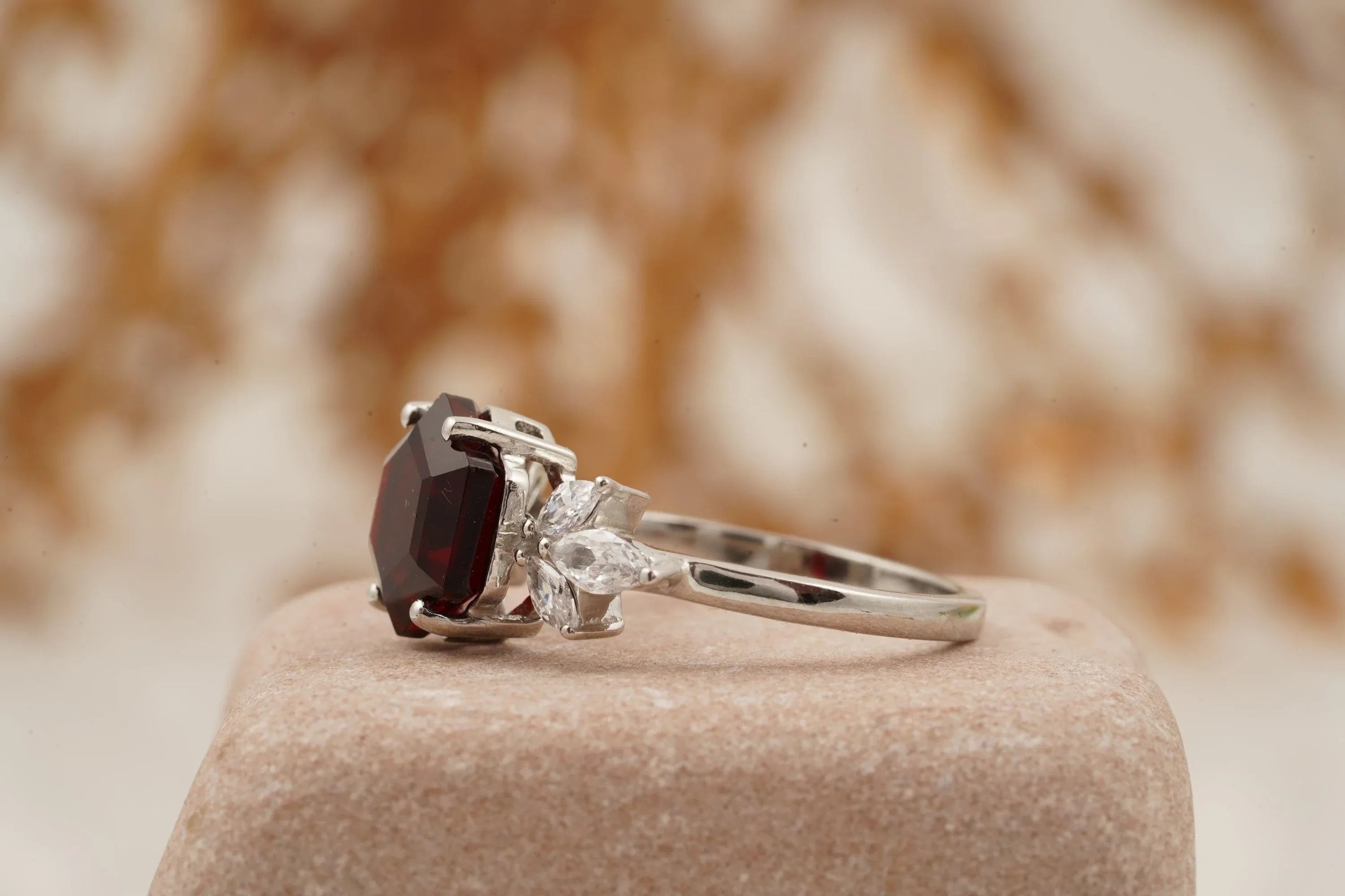 Hexagon Cut Red Garnet Marquise Cut Cluster Engagement Ring - Gigiscc