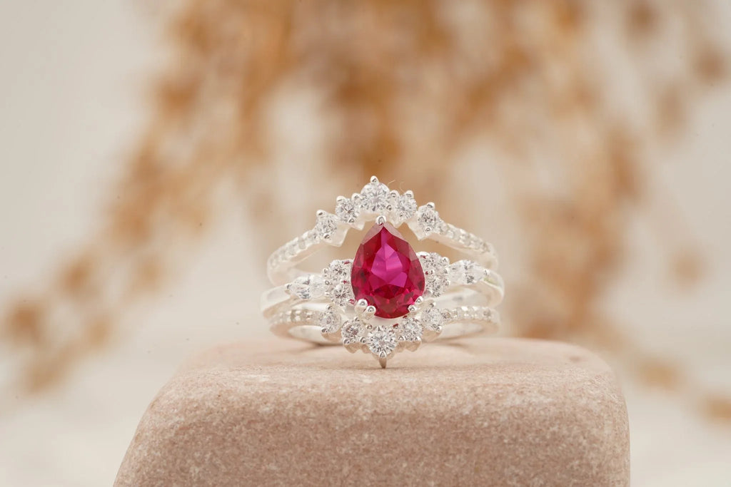 Pear Ruby Cluster Ring with Moissanite Enhancer wedding band - Gigiscc