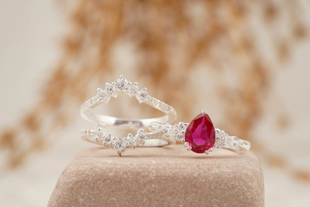 Pear Ruby Cluster Ring with Moissanite Enhancer wedding band - Gigiscc