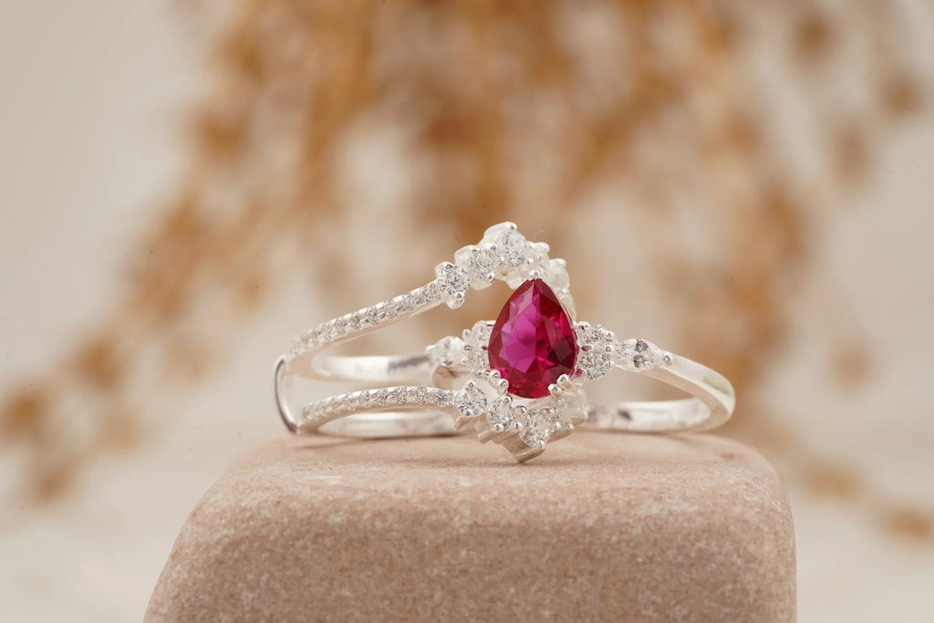 Pear Ruby Cluster Ring with Moissanite Enhancer wedding band - Gigiscc