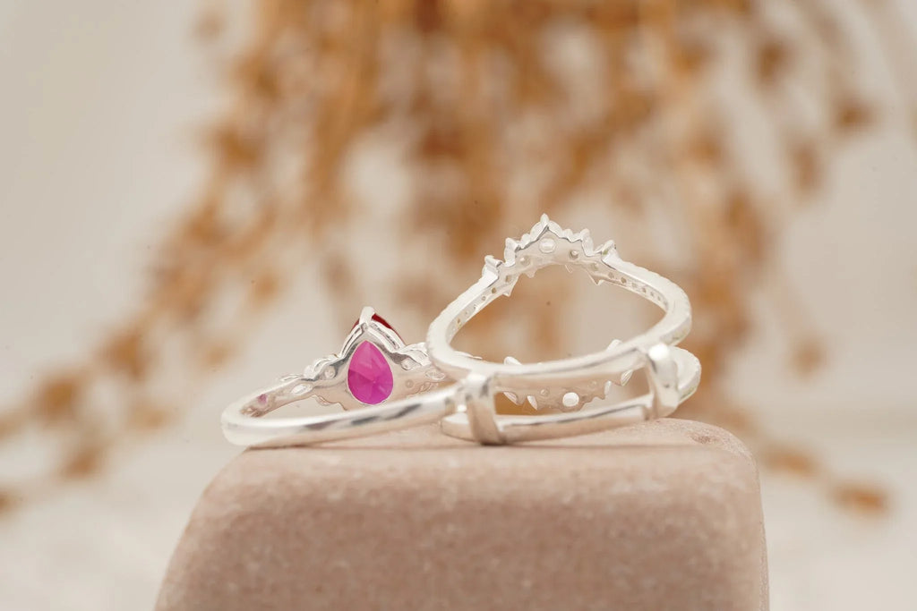 Pear Ruby Cluster Ring with Moissanite Enhancer wedding band - Gigiscc