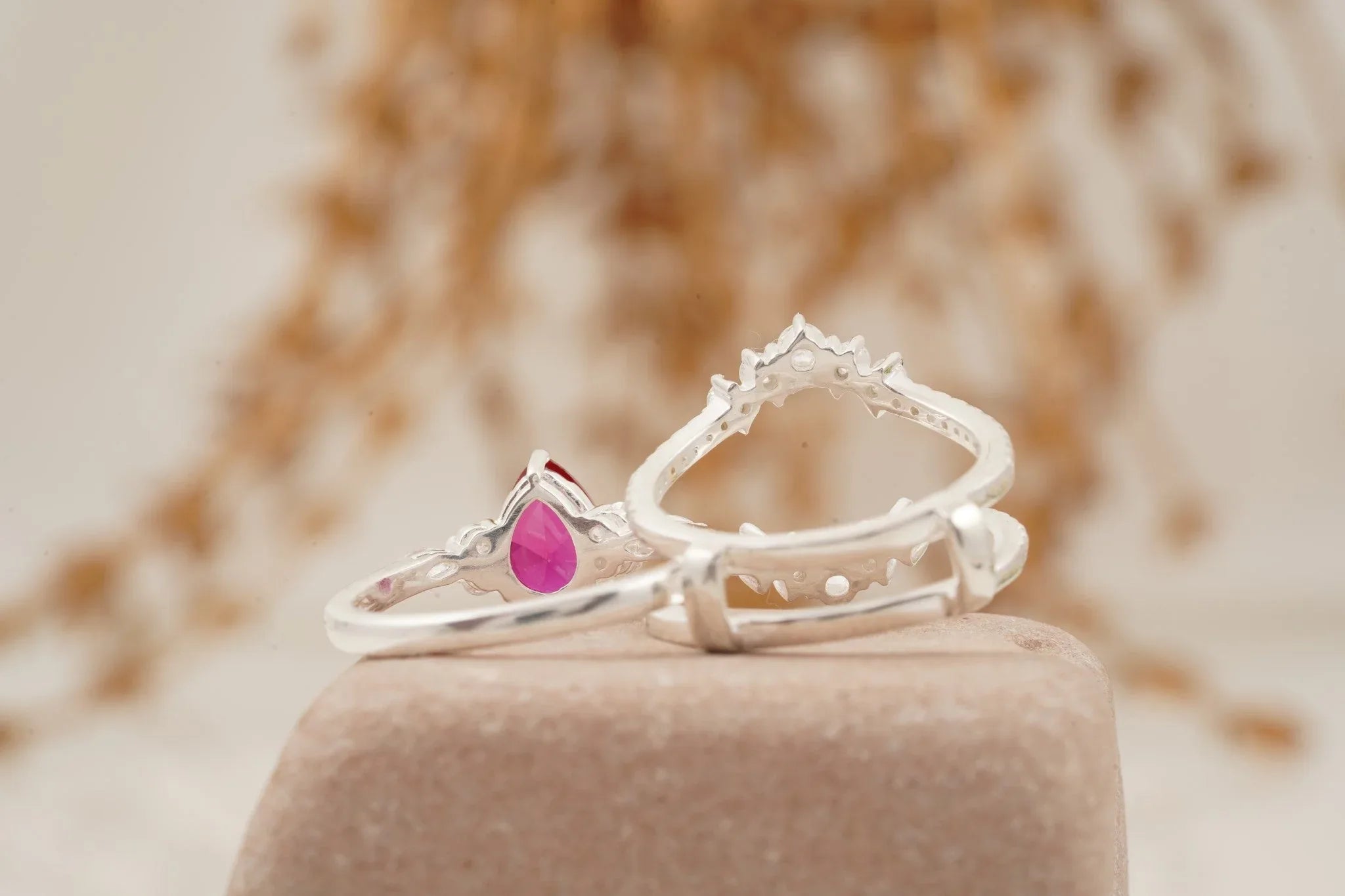 Pear Ruby Cluster Ring with Moissanite Enhancer wedding band - Gigiscc