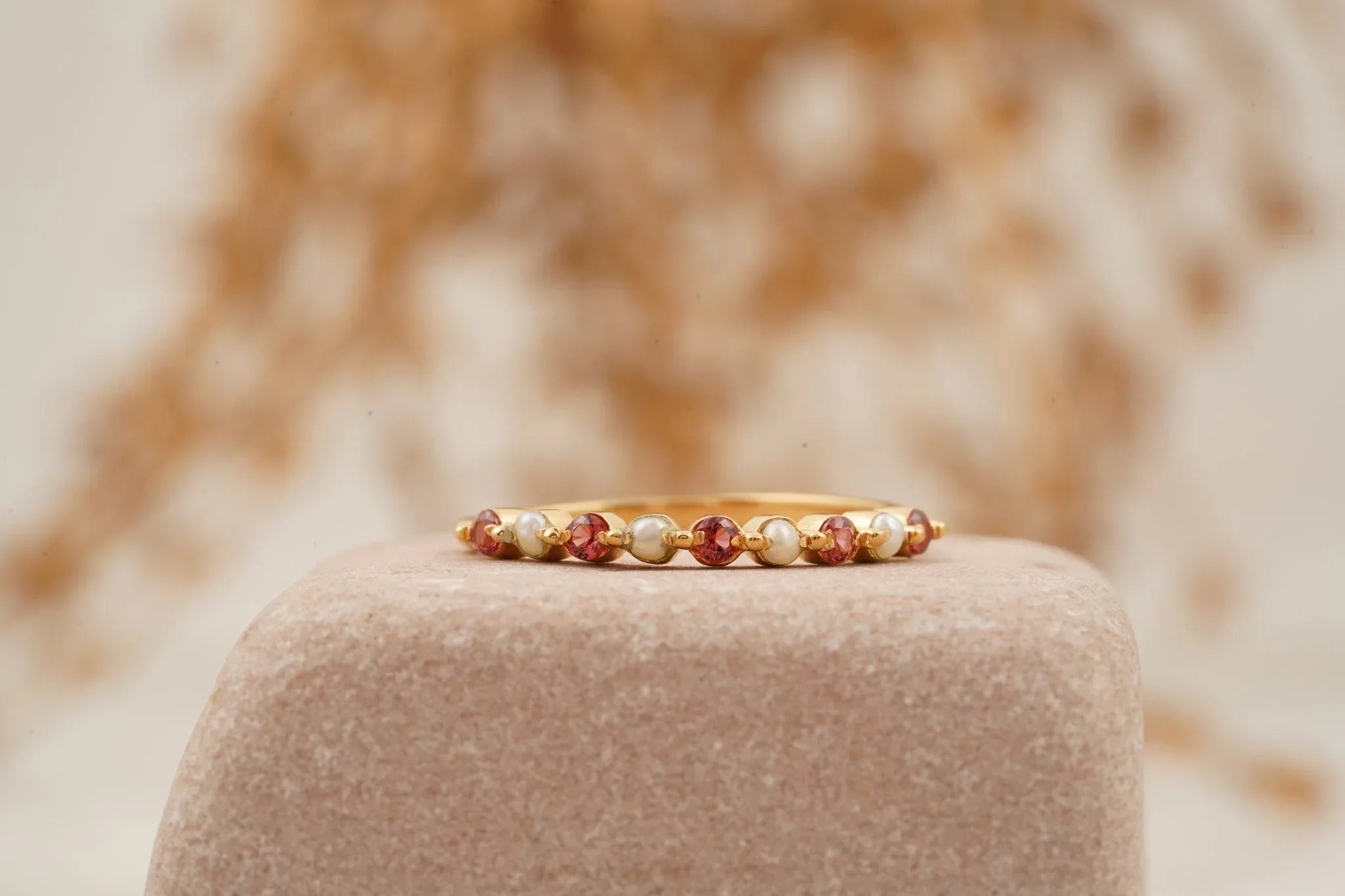 Pearl And Garnet Stacking Matching Birthstone Wedding Band - Gigiscc