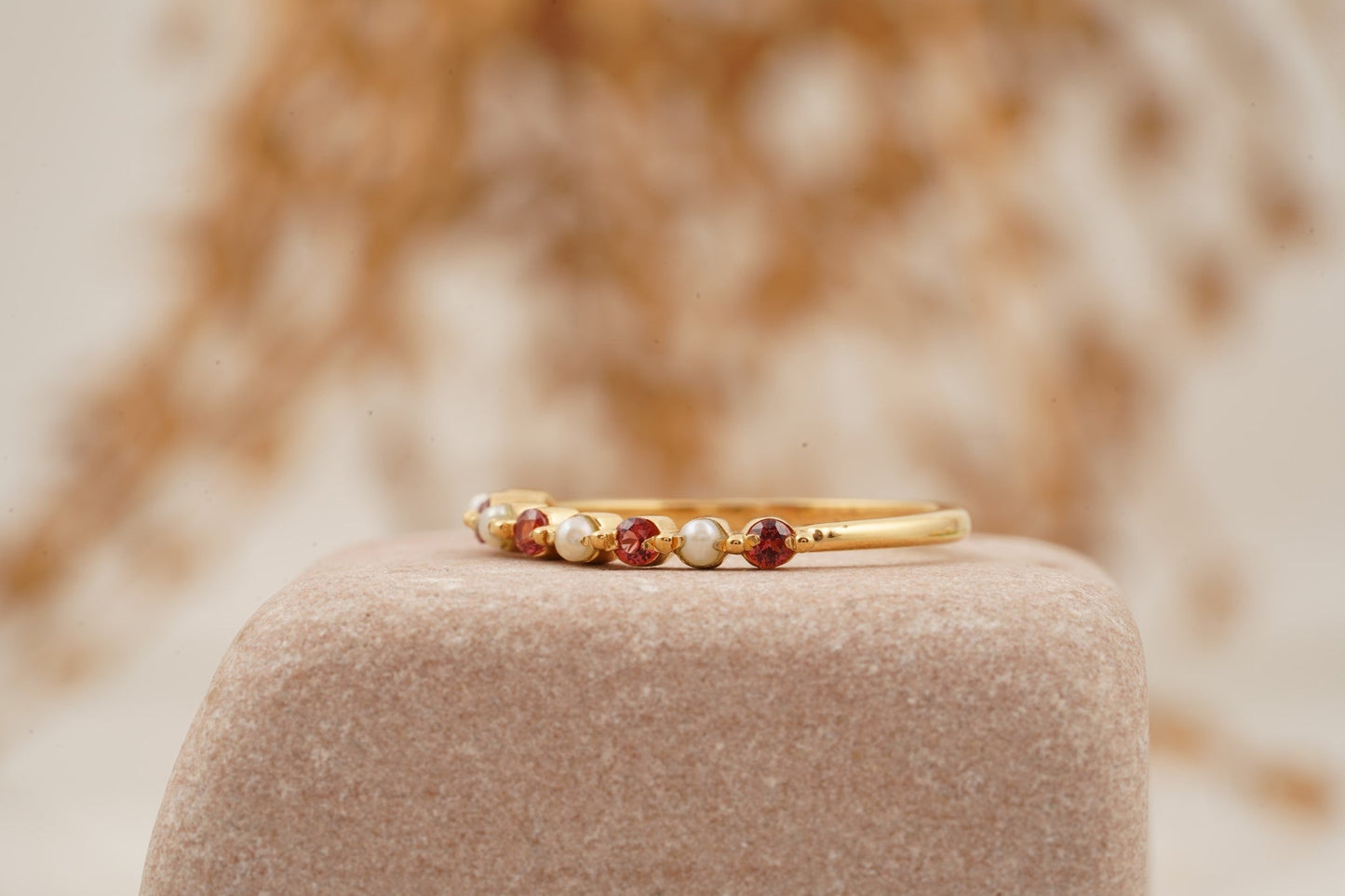 Pearl And Garnet Stacking Matching Birthstone Wedding Band