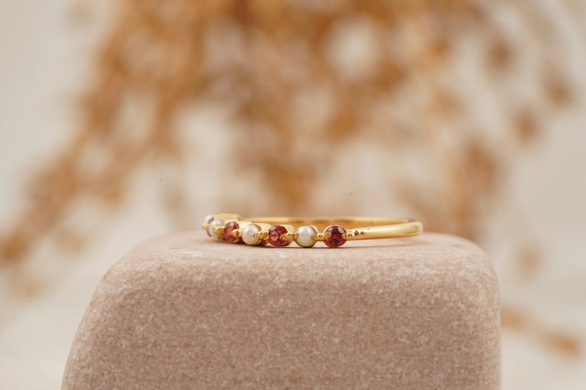 Pearl And Garnet Stacking Matching Birthstone Wedding Band - Gigiscc