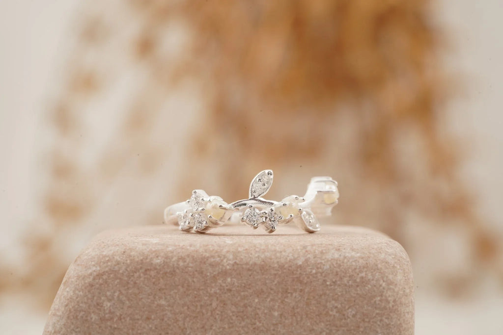 Pearl Leaf Floral Halo Diamond Art Deco Wedding Band - Gigiscc