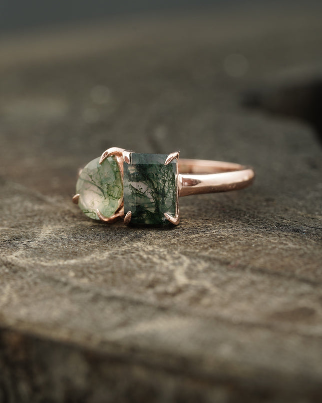 Moss agate and emerald engagement ring