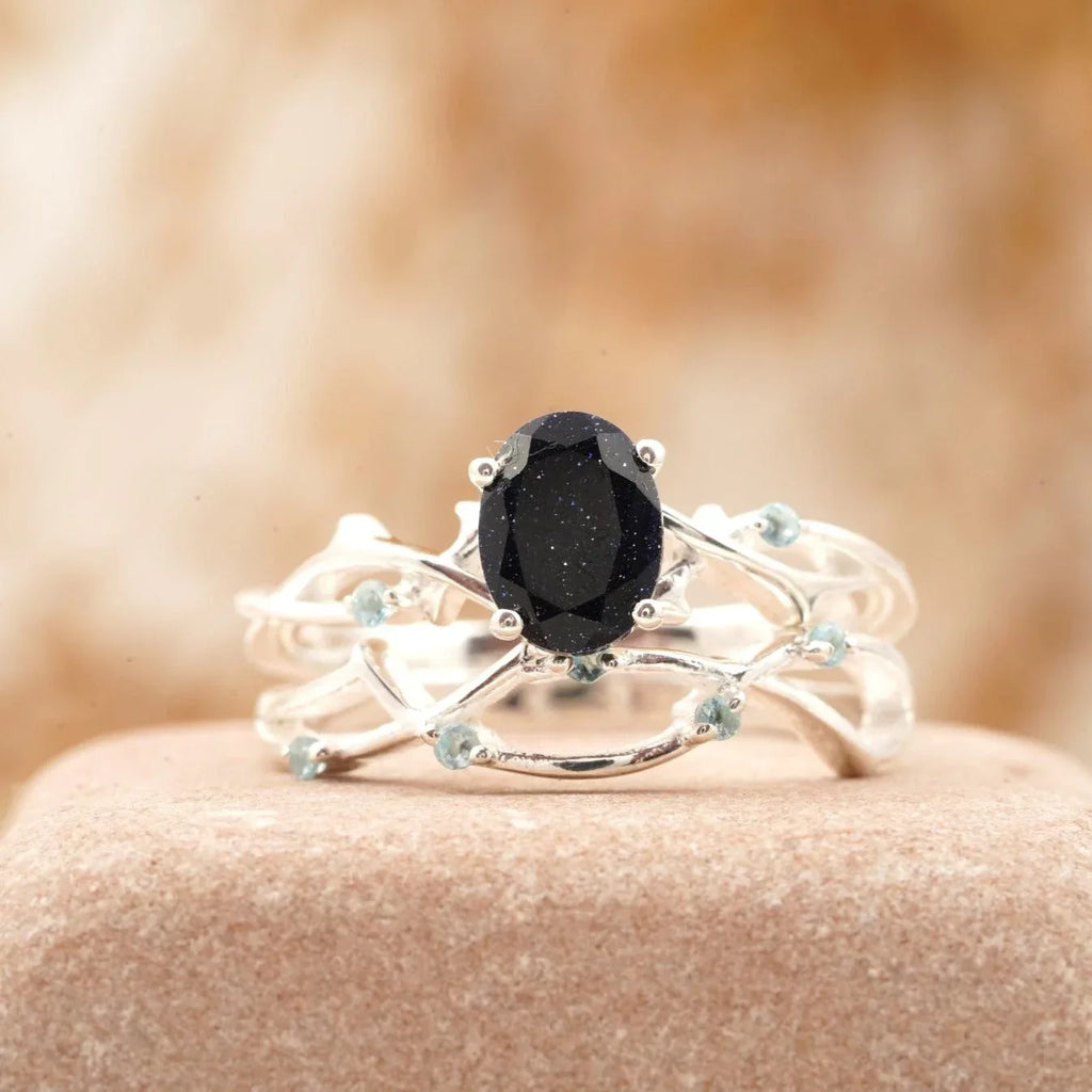 Oval Blue Sandstone Engagement Ring Women - Gigiscc