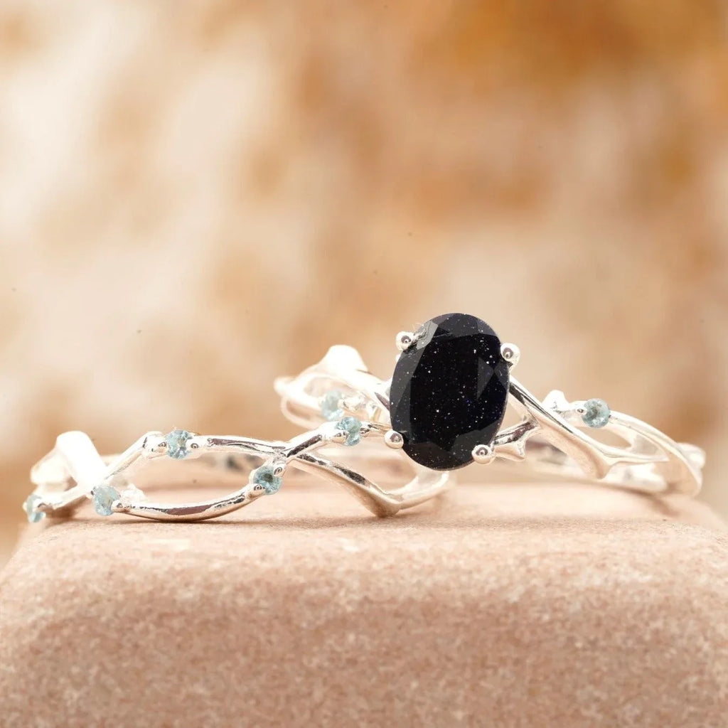 Oval Blue Sandstone Engagement Ring Women - Gigiscc