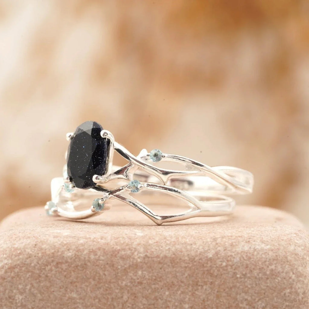 Oval Blue Sandstone Engagement Ring Women - Gigiscc