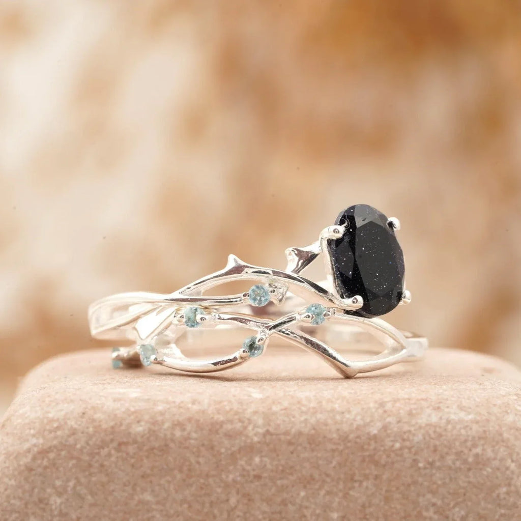 Oval Blue Sandstone Engagement Ring Women - Gigiscc
