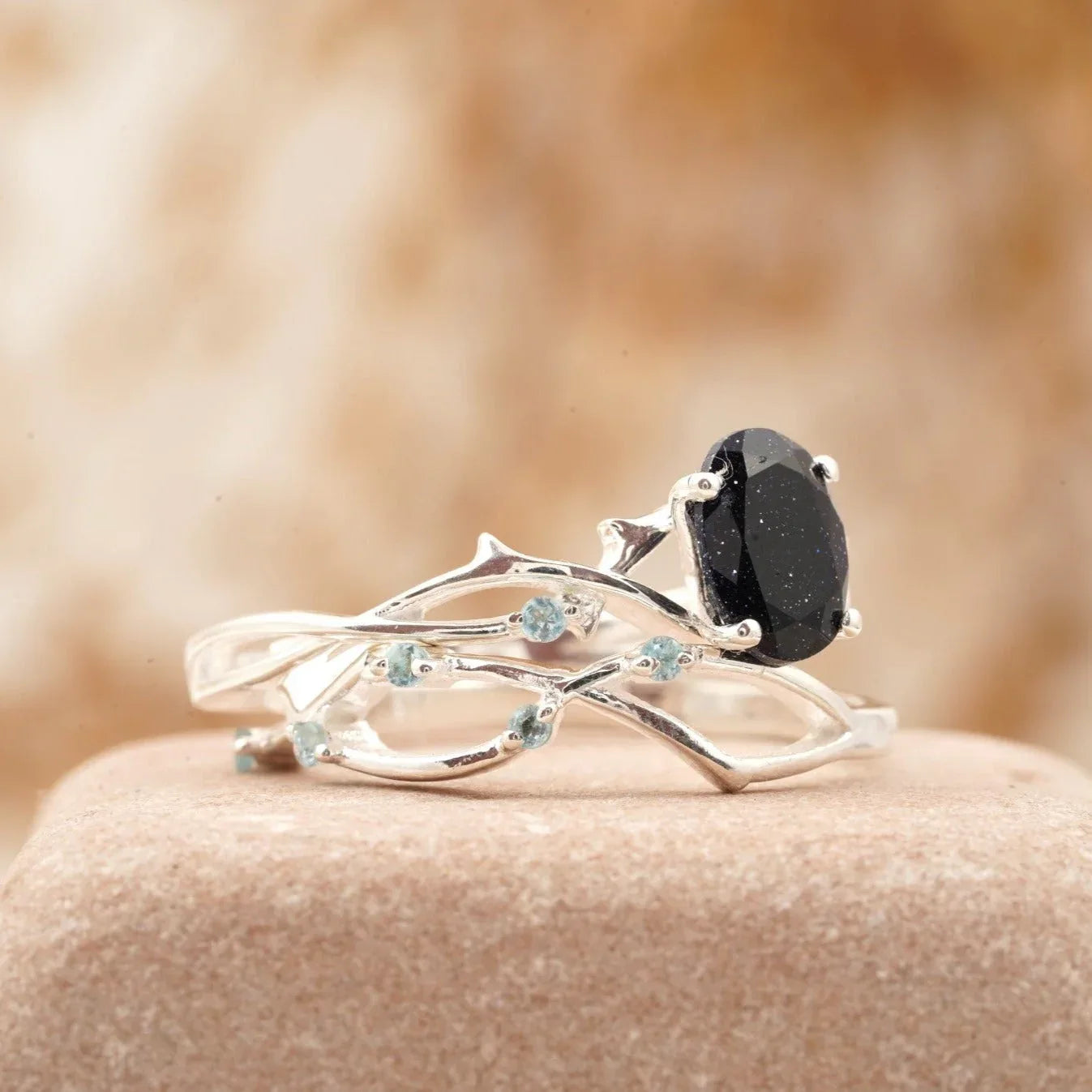 Oval Blue Sandstone Engagement Ring Women - Gigiscc