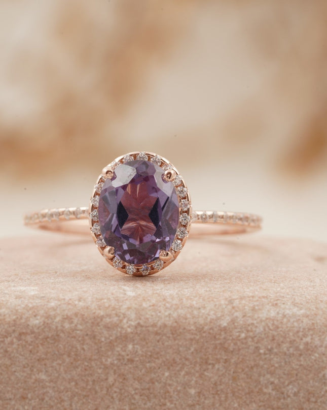 Oval Alexandrite Color-Change Stone 14K Rose Gold Halo Diamond Engagement Ring
