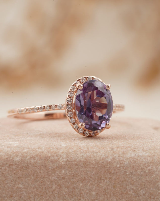 Oval Alexandrite Color-Change Stone 14K Rose Gold Halo Diamond Engagement Ring