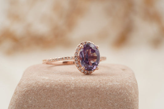Oval Alexandrite Color-Change Stone 14K Rose Gold Halo Diamond Engagement Ring
