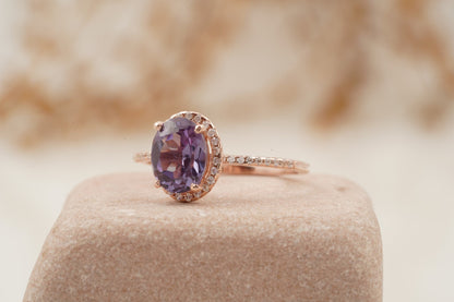 Oval Alexandrite Color-Change Stone 14K Rose Gold Halo Diamond Engagement Ring