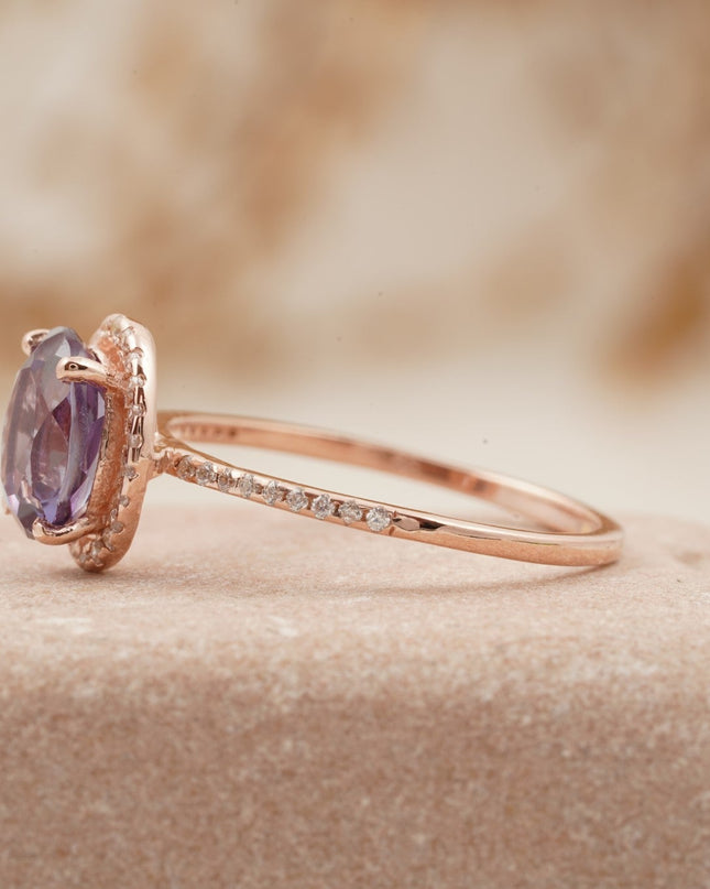 Oval Alexandrite Color-Change Stone 14K Rose Gold Halo Diamond Engagement Ring