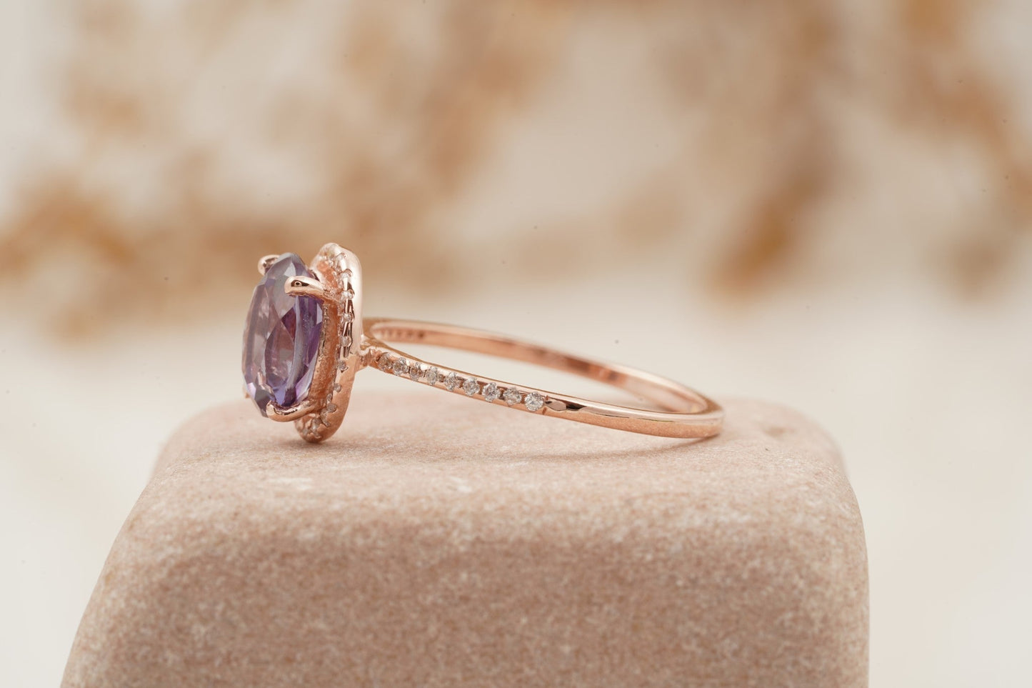 Oval Alexandrite Color-Change Stone 14K Rose Gold Halo Diamond Engagement Ring