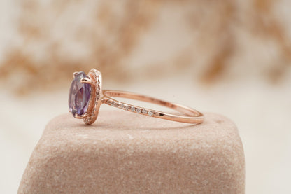 Oval Alexandrite Color-Change Stone 14K Rose Gold Halo Diamond Engagement Ring