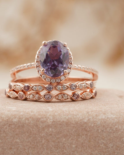 Oval Cut Alexandrite Engagement Ring 3pcs Set Halo Diamond Band