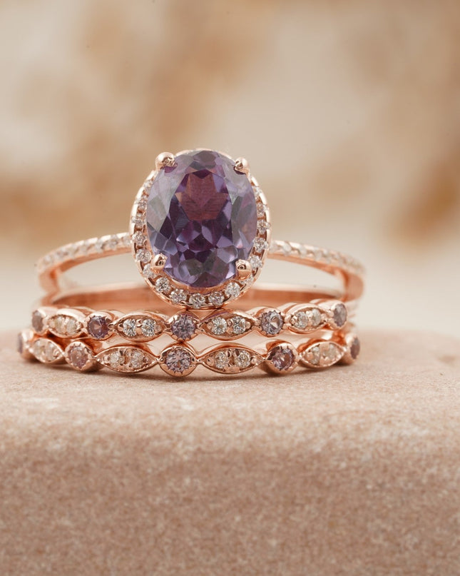 Oval Cut Alexandrite Engagement Ring 3pcs Set Halo Diamond Band