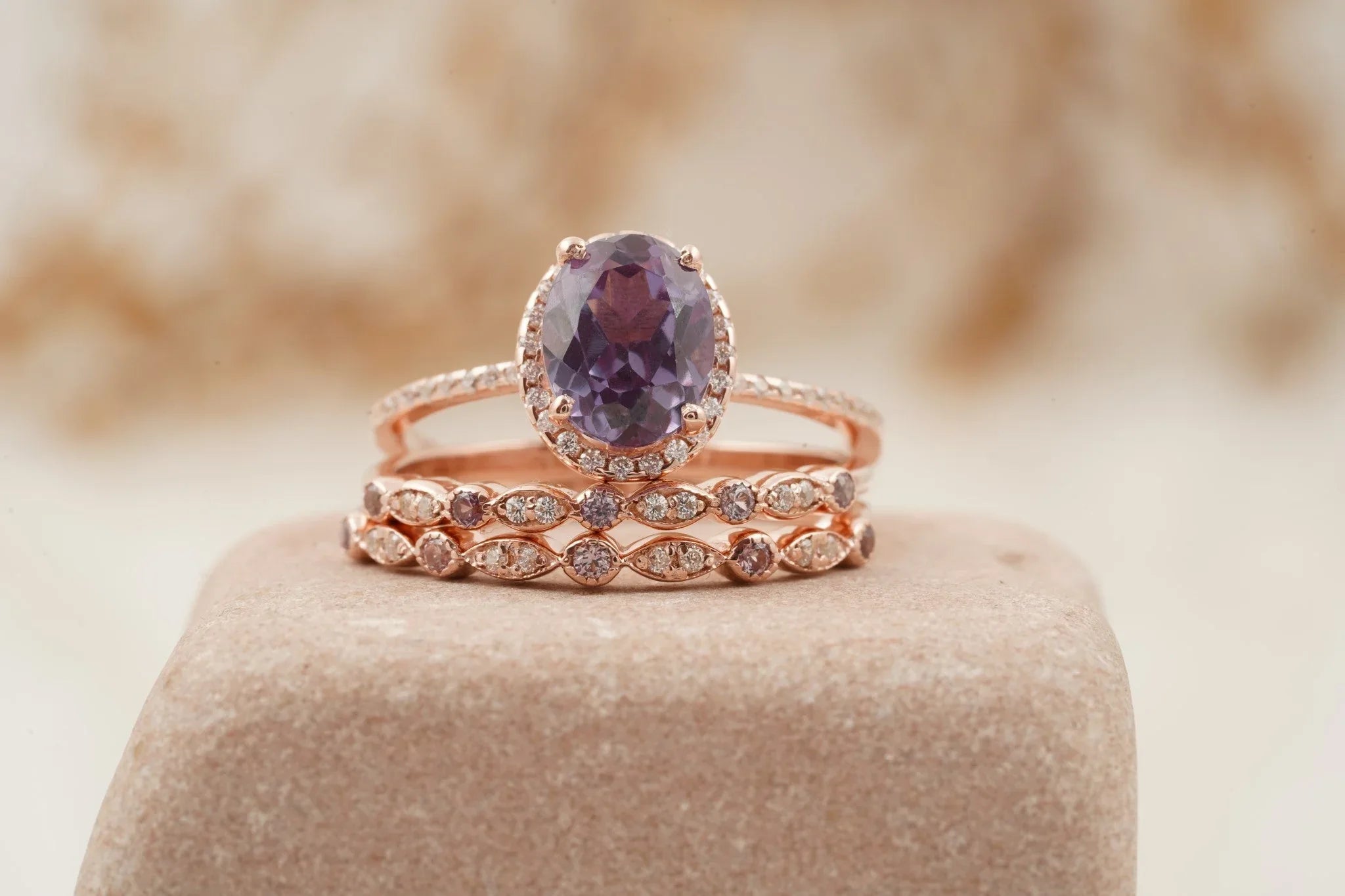 Oval Cut Alexandrite Engagement Ring 3pcs Set Halo Diamond Band - Gigiscc