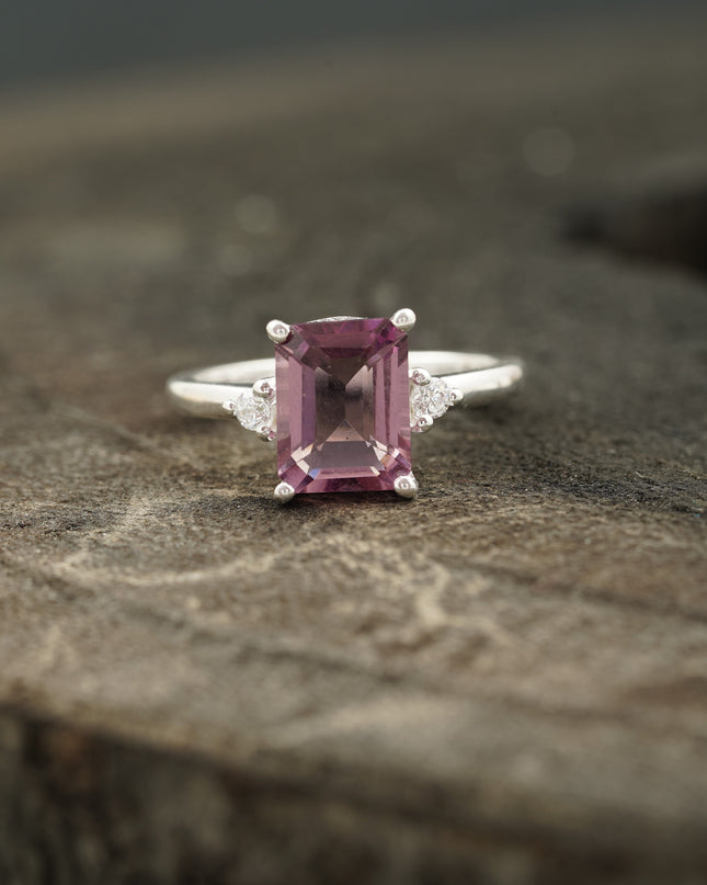 Emerald cut pink tourmaline ring