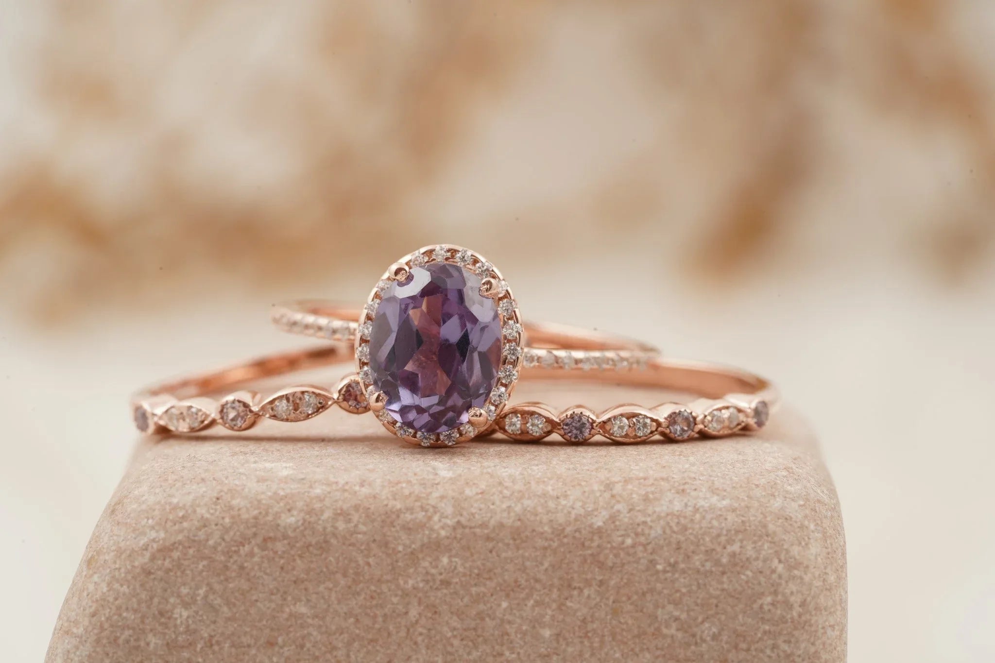 Oval Cut Alexandrite Engagement Ring 3pcs Set Halo Diamond Band - Gigiscc