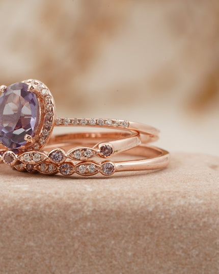 Oval Cut Alexandrite Engagement Ring 3pcs Set Halo Diamond Band