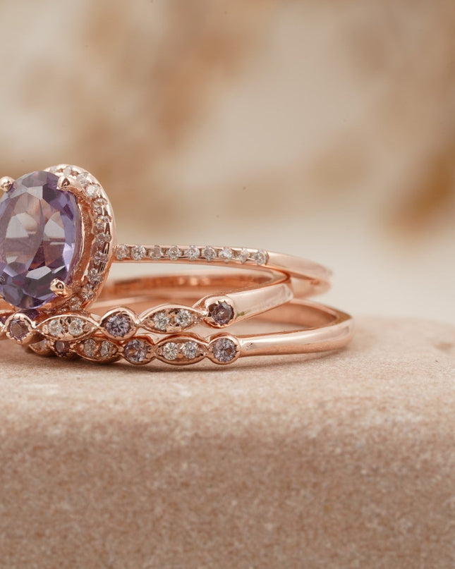 Oval Cut Alexandrite Engagement Ring 3pcs Set Halo Diamond Band