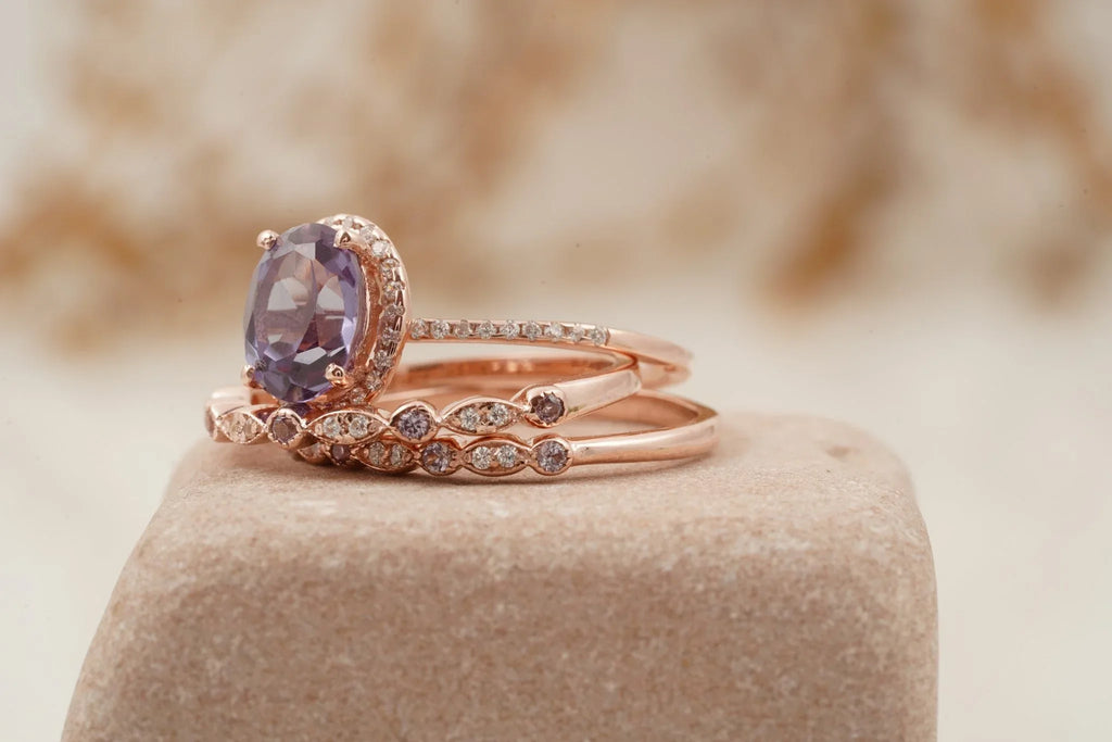 Oval Cut Alexandrite Engagement Ring 3pcs Set Halo Diamond Band - Gigiscc
