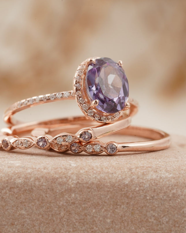 Oval Cut Alexandrite Engagement Ring 3pcs Set Halo Diamond Band