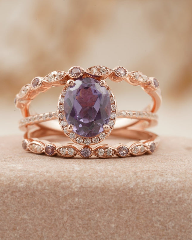 Oval Cut Alexandrite Engagement Ring 3pcs Set Halo Diamond Band