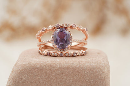 Oval Cut Alexandrite Engagement Ring 3pcs Set Halo Diamond Band