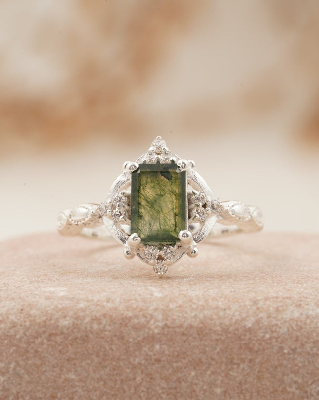Vintage Emerald Cut Moss Agate Moissanite Engagement Ring