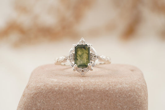 Vintage Emerald Cut Moss Agate Moissanite Ring – Unique Engagement