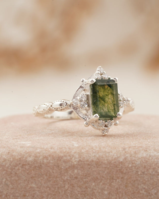 Vintage Emerald Cut Moss Agate Moissanite Engagement Ring
