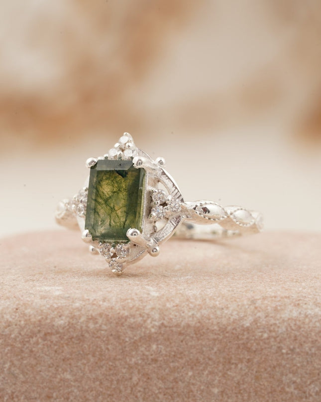 Vintage Emerald Cut Moss Agate Moissanite Engagement Ring