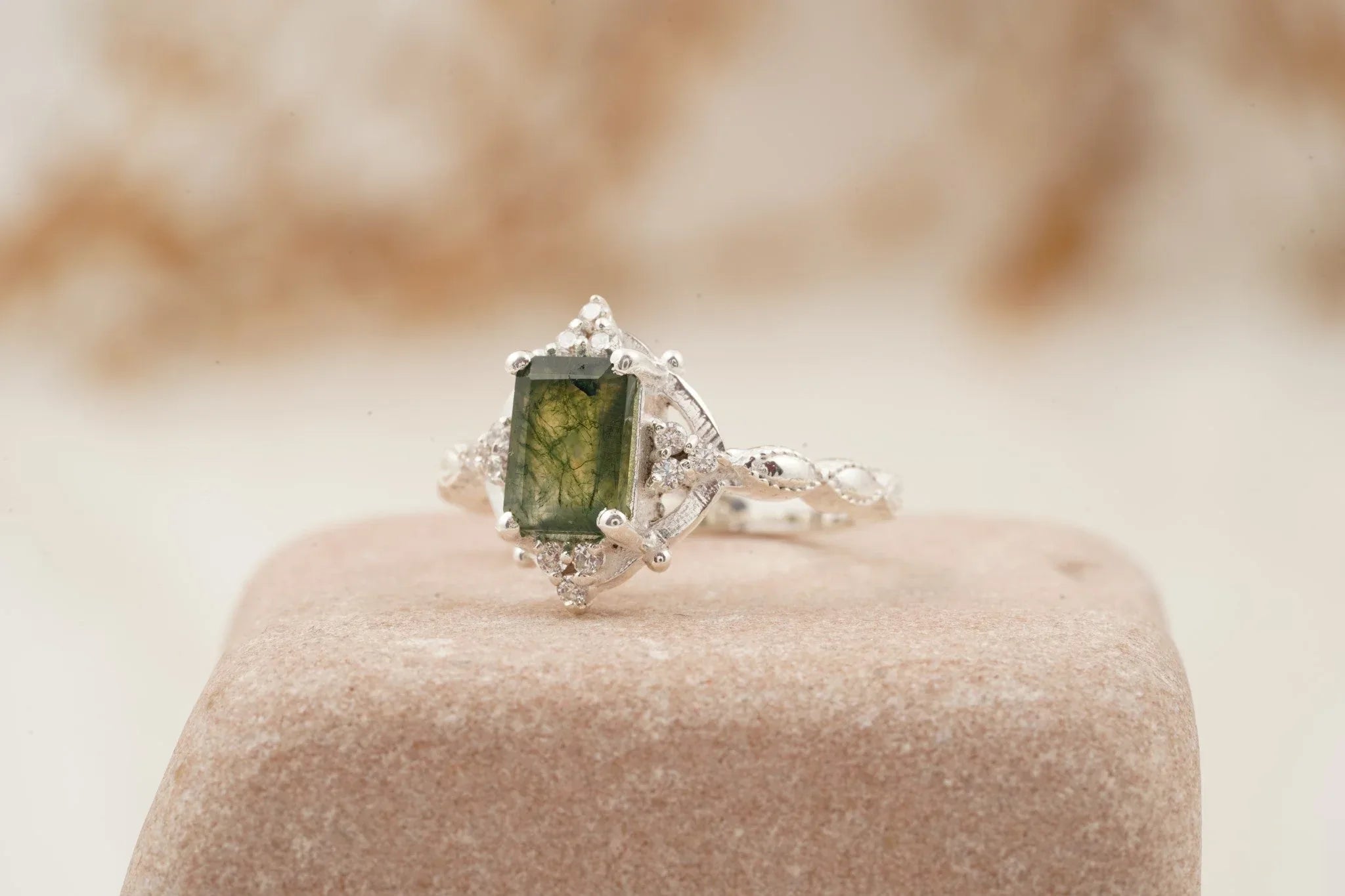Vintage Emerald Cut Moss Agate Moissanite Engagement Ring - Gigiscc