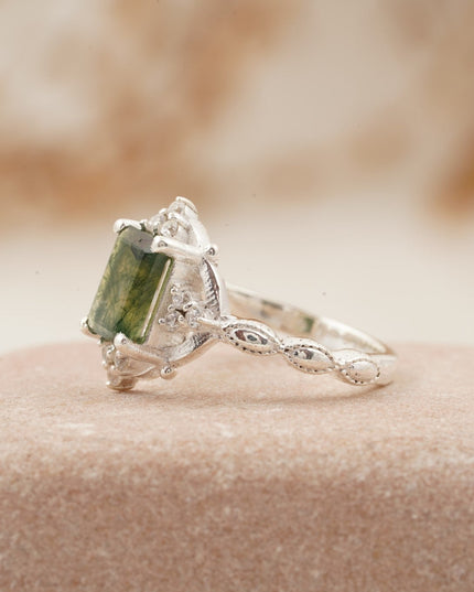 Vintage Emerald Cut Moss Agate Moissanite Engagement Ring