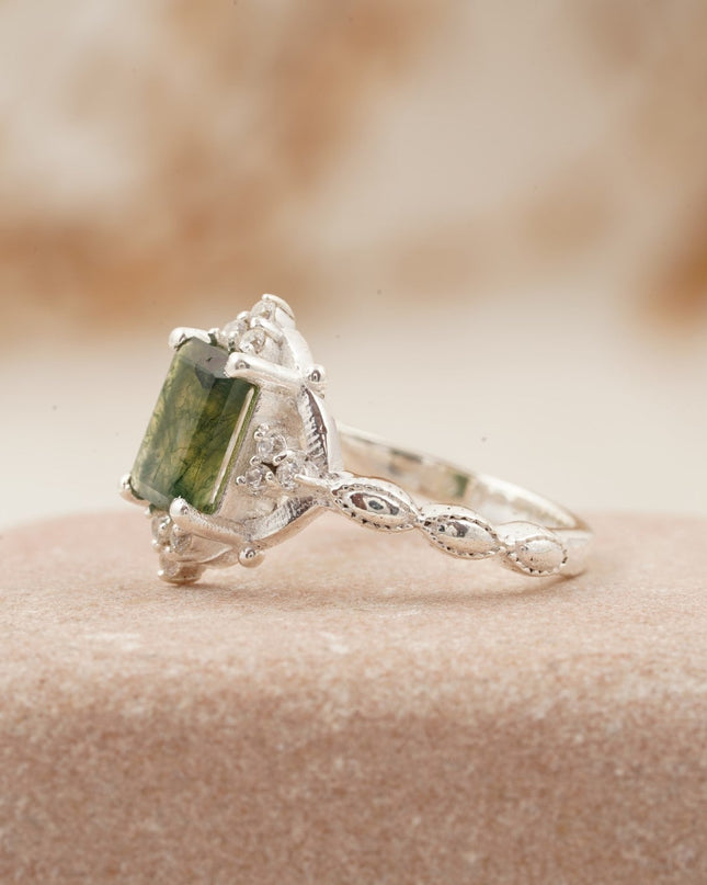 Vintage Emerald Cut Moss Agate Moissanite Engagement Ring