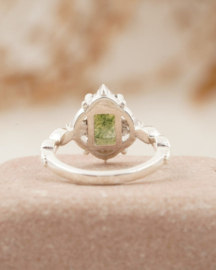 Vintage Emerald Cut Moss Agate Moissanite Engagement Ring