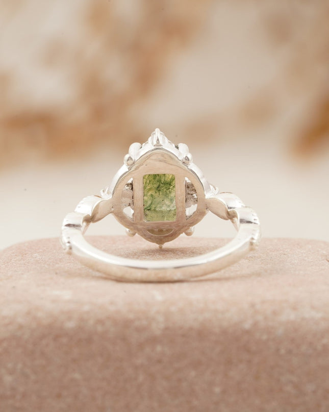 Vintage Emerald Cut Moss Agate Moissanite Engagement Ring
