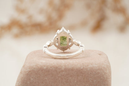Vintage Emerald Cut Moss Agate Moissanite Engagement Ring