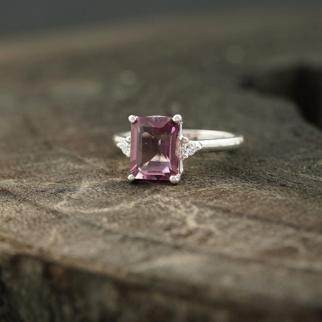 Emerald Cut Pink Tourmaline Ring - Gigiscc