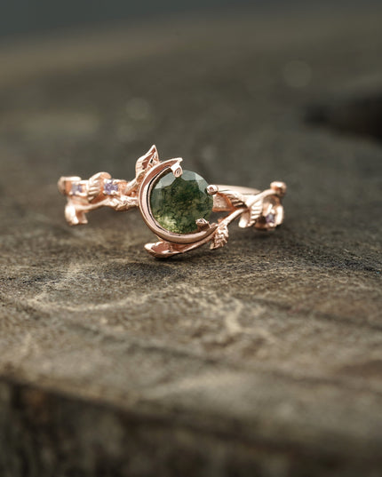 Round moss agate engagement ring