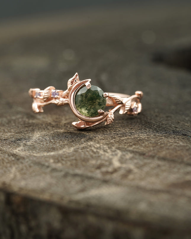 Round moss agate engagement ring